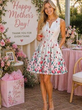 Kut from the Kloth White Floral Fit-and-Flare Mini Dress with Pink Blooms
